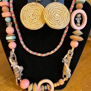 Tribal statement necklaces 2 with wood beads Shepard hook closure, earrings 30”